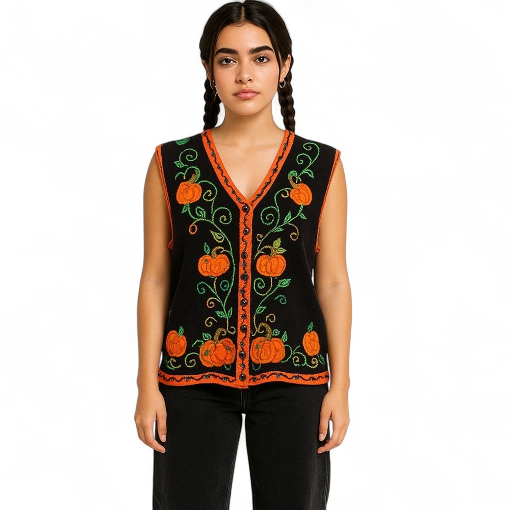 Designer Originals Womens Halloween Sweater Vest Embroidered Pumpkins Leaves‎ Lg